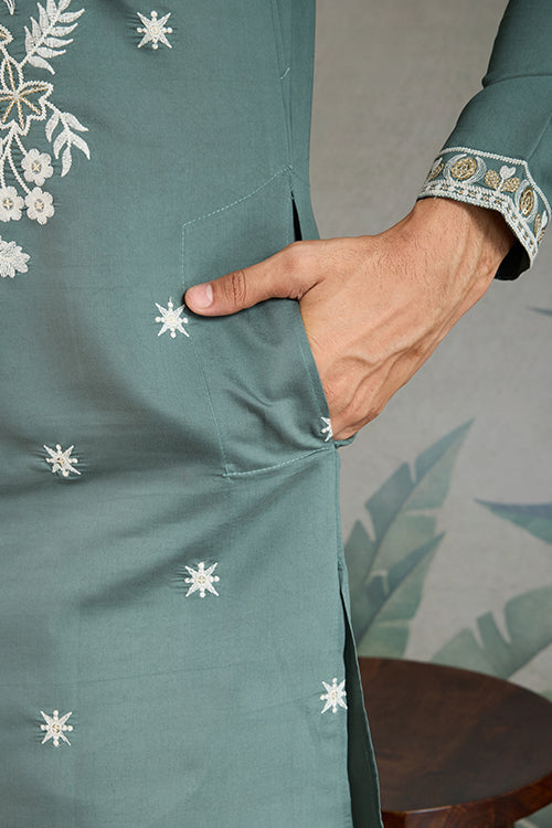 Pastel Pista Viscose Silk Embroidered Kurta For Men
