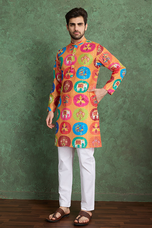 Multi Color Print With Embroidered Kurta And Pajama For Men