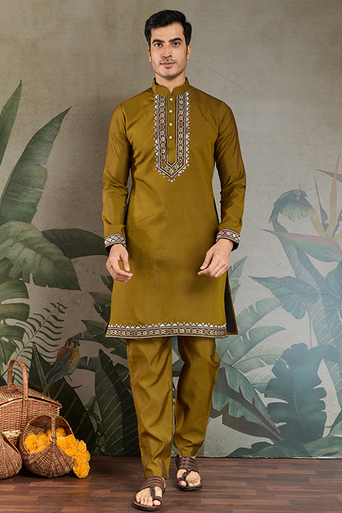 Wedding Special Golden Olive Kurta Pajama With Open Koti For Men