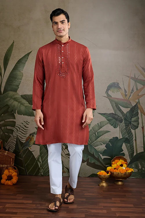 Rust Orange Viscose Silk Kurta With Mirror Work