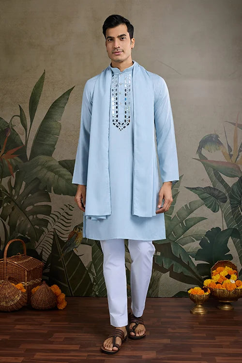 Sky Mirror Work Kurta For Men - Designer Wear