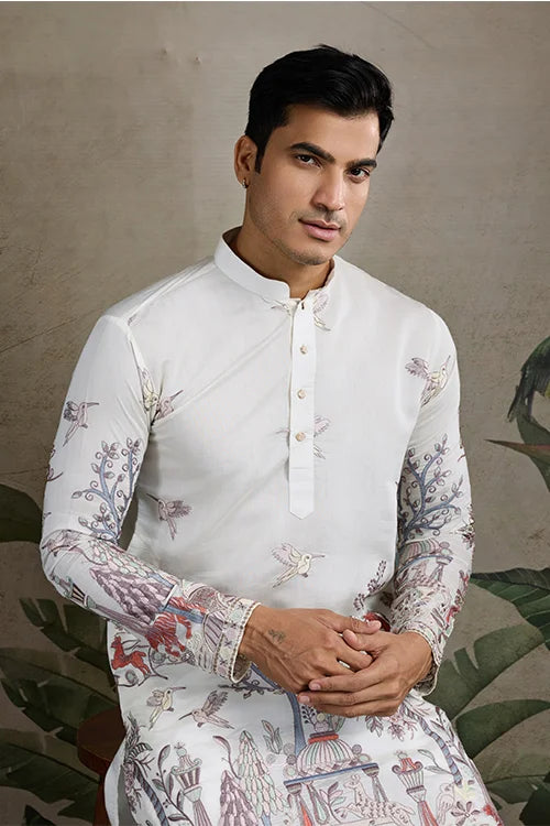 Premium White Viscose Silk Party Wear Kurta For Men