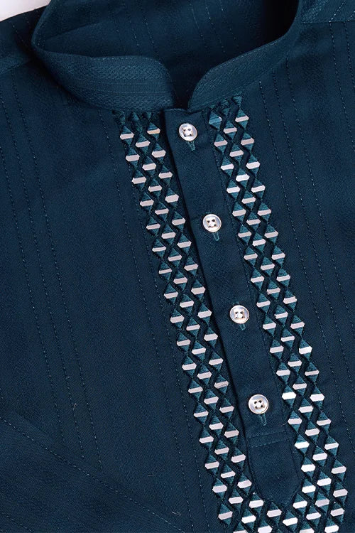 Teal Blue Designer Kurta Set With Mirror Work For Men