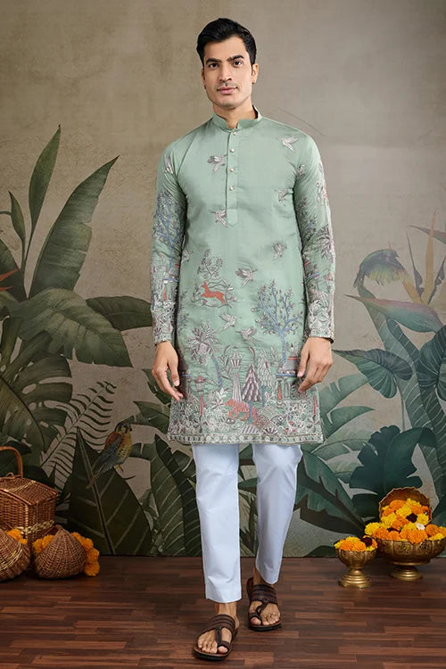 Designer Pista Green Viscose Silk Fancy Kurtas For Men
