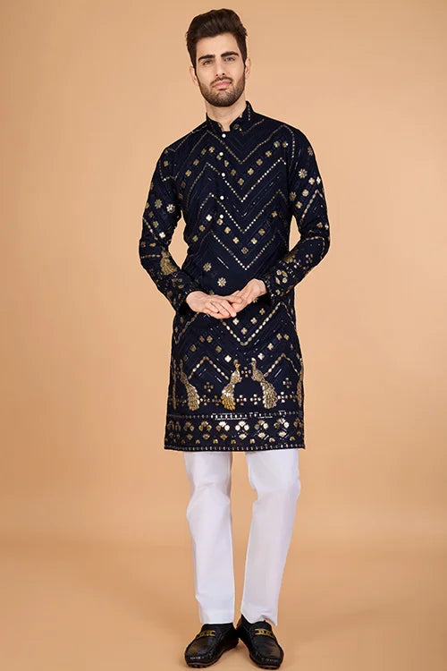 Navy Silk Embroidered Work Designer Men's Wear Kurta