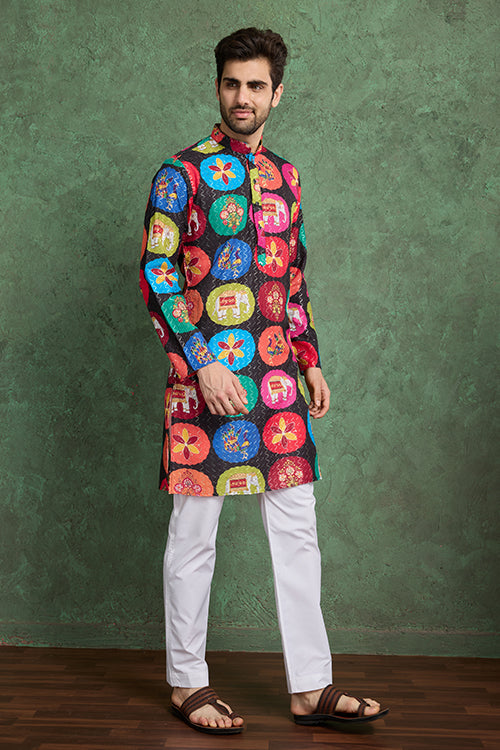 Multi Color Print With Embroidered Kurta And Pajama For Men