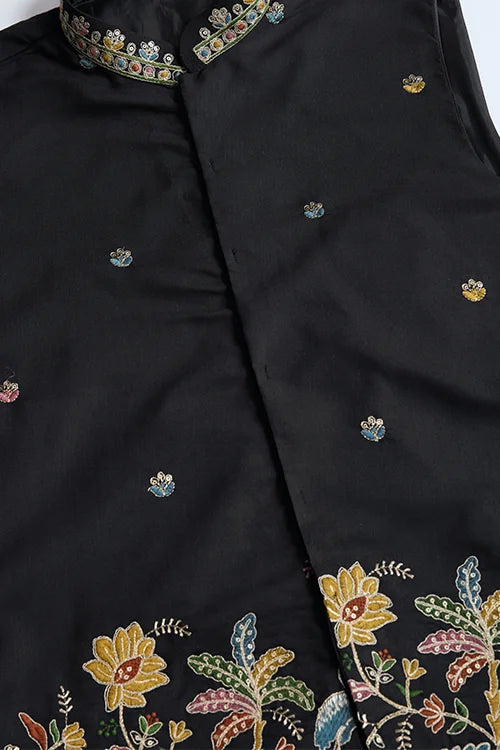 Designer Black Cotton Kurta With Embroidered Koti