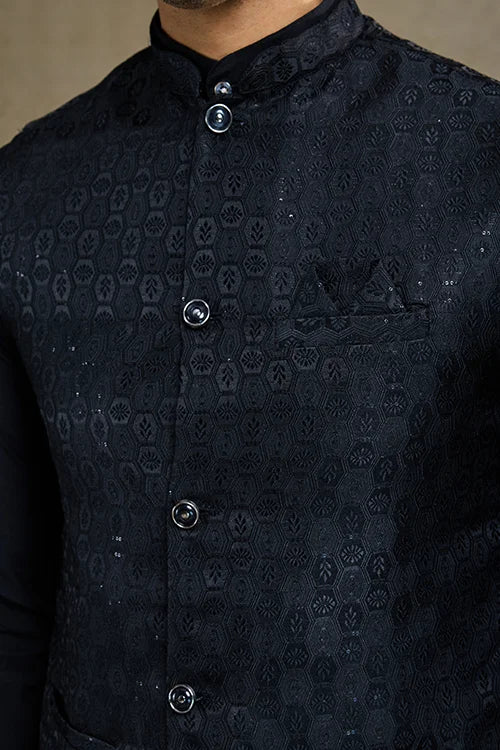Black Roman Silk Kurta With Jacquard Koti Elegant Ethnic Wear
