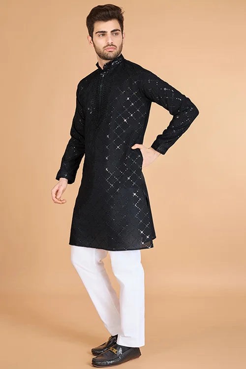 Black Viscose Fabric Embroidered Traditional Kurta For Mens Wear