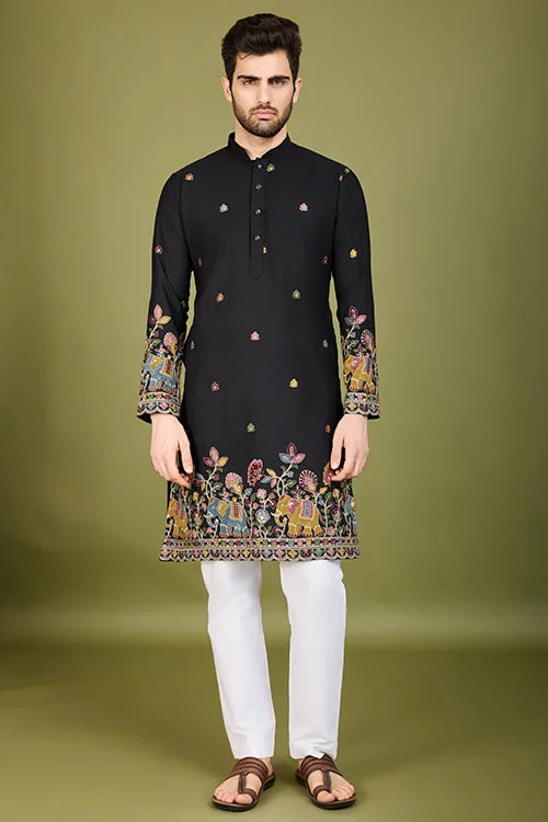 Black Color Cotton Embroidered Kurta For Men