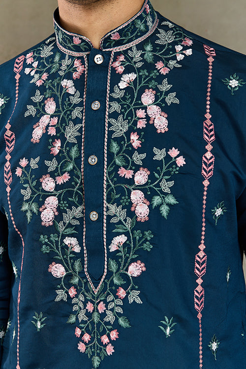 Wedding Special Teal Blue Embroidered Silk Kurta