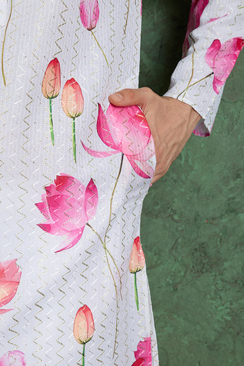 Buy Ethnic Style White & Pink Designer Kurta For Men