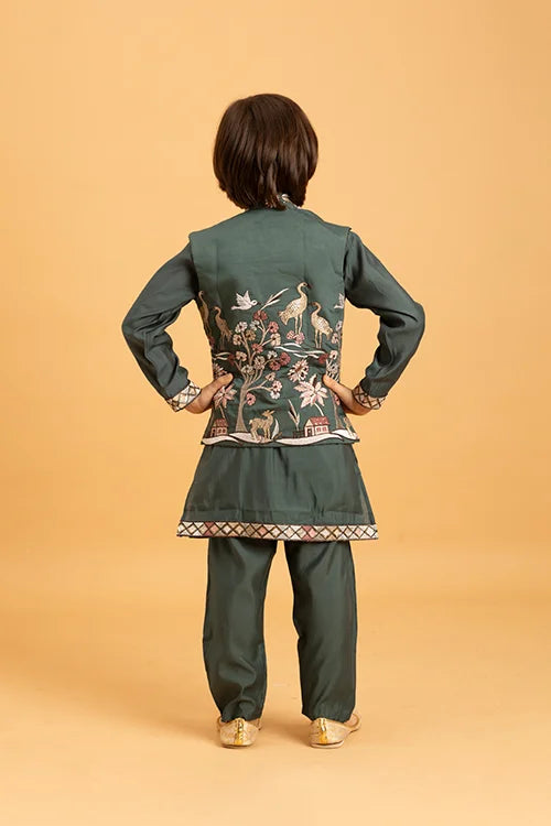 Party & Wedding Special Stylish Green Koti Kurta Set for Kids