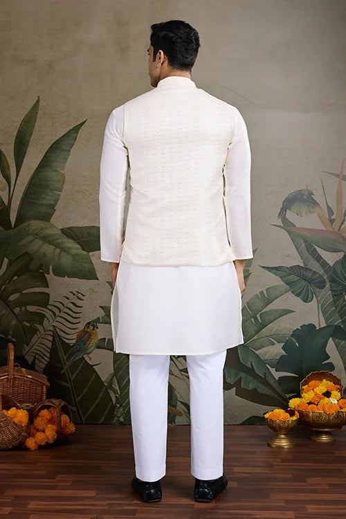 Off White Silk Kurta With Jacquard Koti Jacket