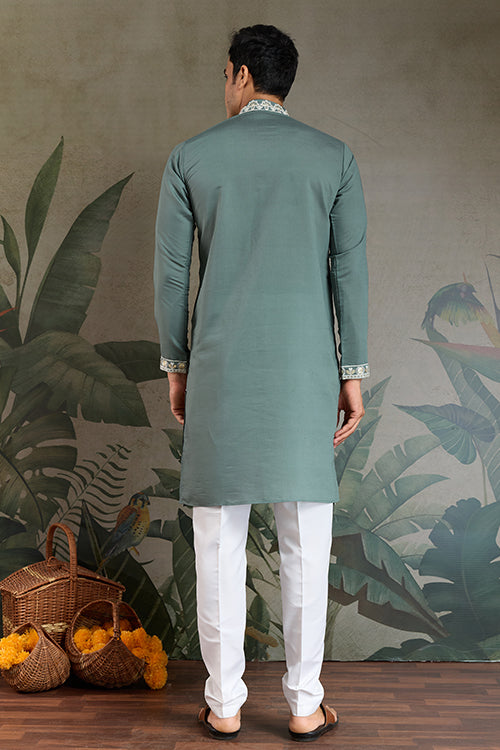 Pastel Pista Viscose Silk Embroidered Kurta For Men