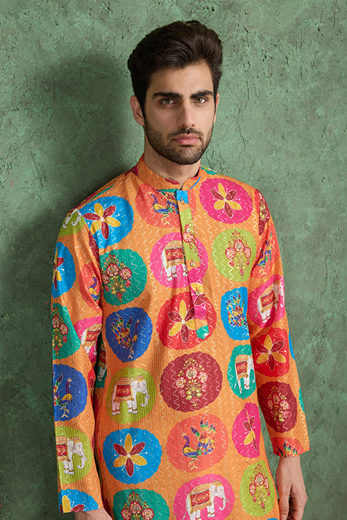 Multi Color Print With Embroidered Kurta And Pajama For Men