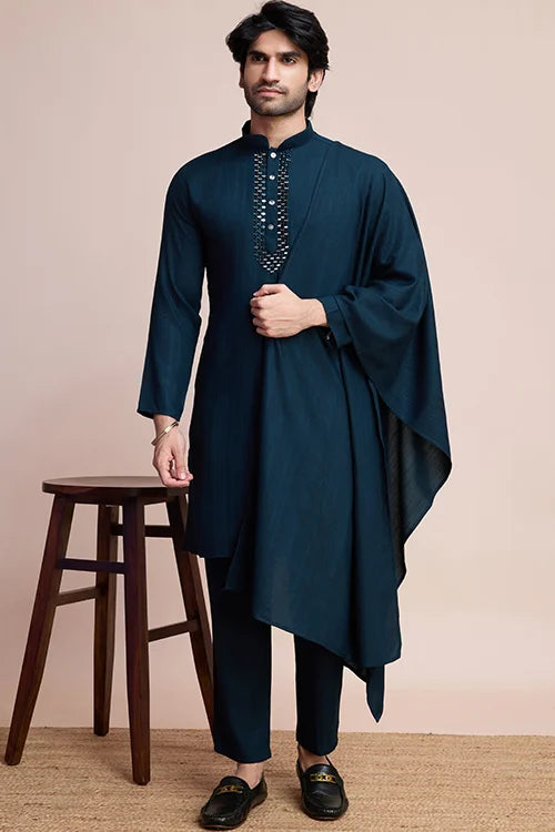 Teal Blue Designer Kurta Set With Mirror Work For Men