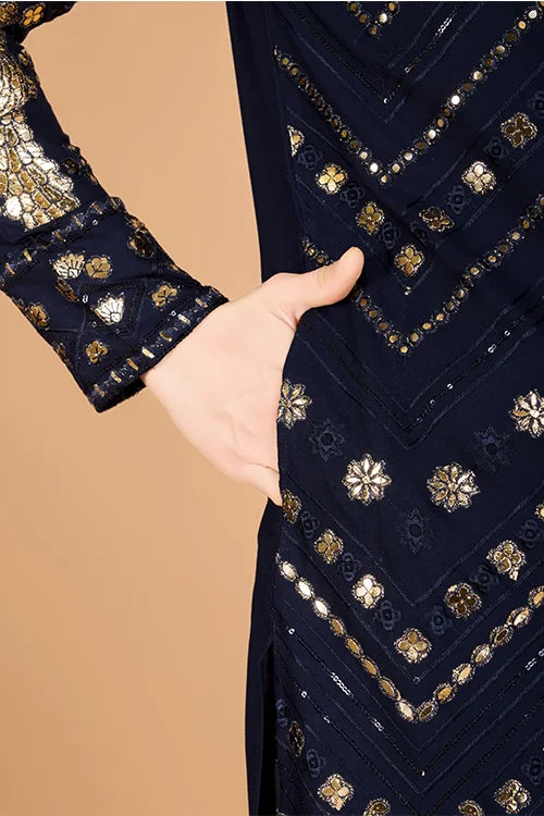 Navy Silk Embroidered Work Designer Men's Wear Kurta