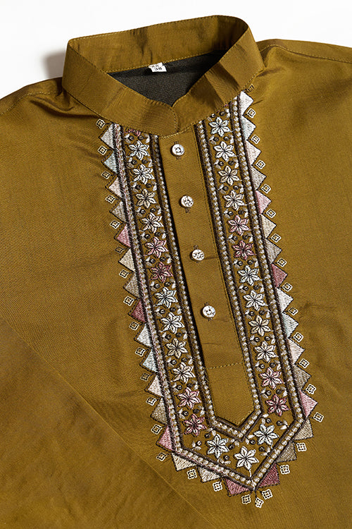 Wedding Special Golden Olive Kurta Pajama With Open Koti For Men