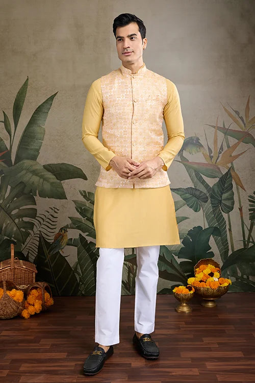 Yellow Roman Silk Kurta With Jacquard Koti Jacket