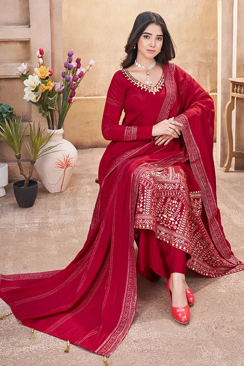 Red Roman Silk Salwar Suit With Hand Mirror Work