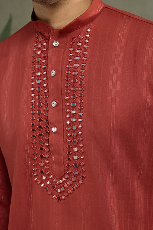 Rust Orange Viscose Silk Kurta With Mirror Work