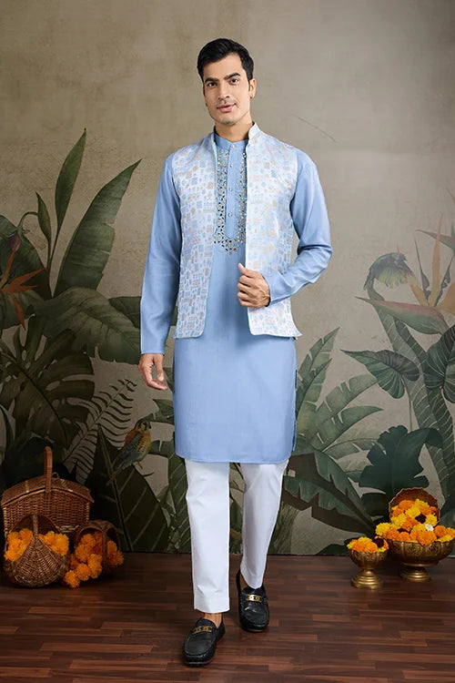 Traditional Sky Kurta Set With Koti Jacket