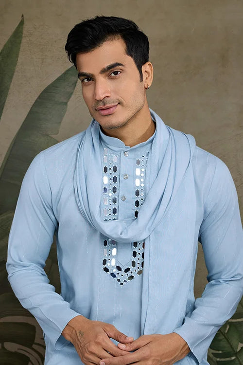 Sky Mirror Work Kurta For Men - Designer Wear
