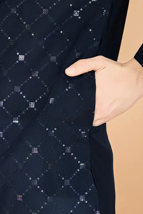 Navy Color Kurta With Dupatta For Mens Wear