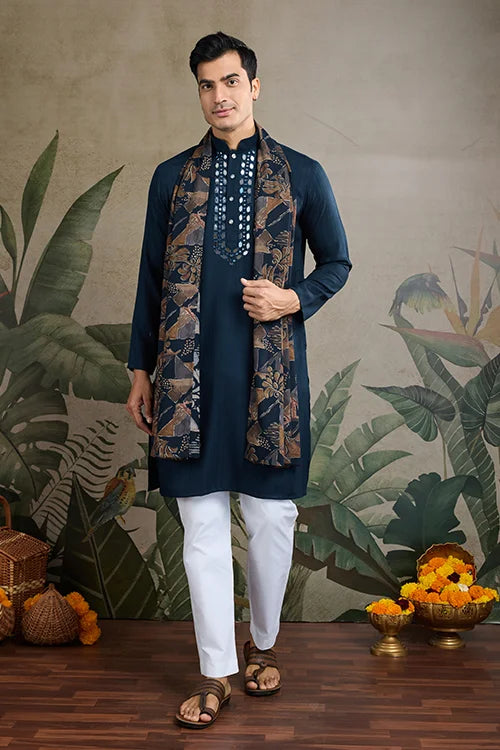 Teal Blue Viscose Rayon Kurta With Mirror Work
