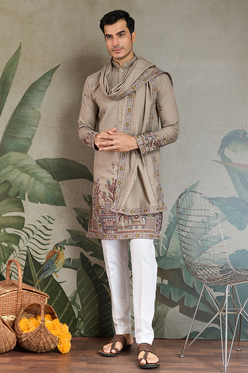 Traditional Ivory Embroidered Kurta Dupatta With Pajama