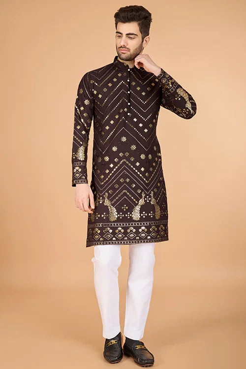 Designer Brown Men's Silk Kurta For Special Events