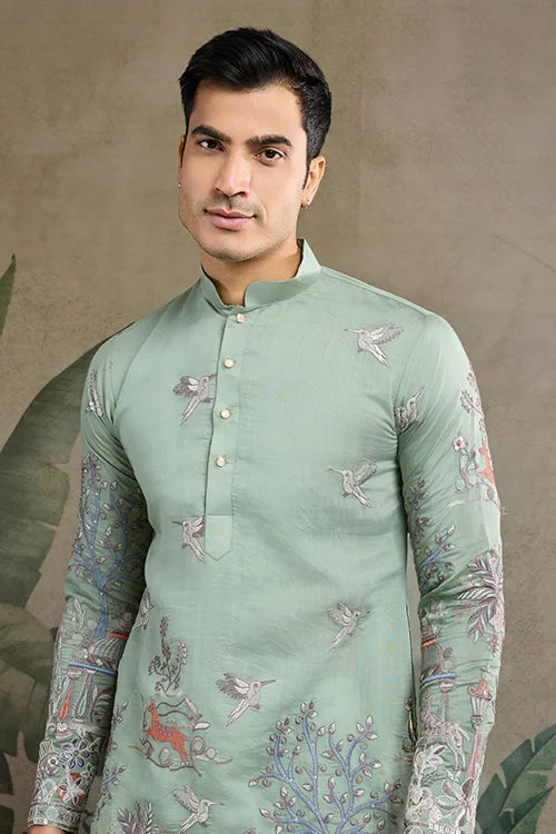 Designer Pista Green Viscose Silk Fancy Kurtas For Men
