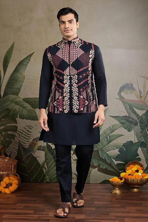 Black Viscose Silk Indian Designer Kurta With Koti For Men