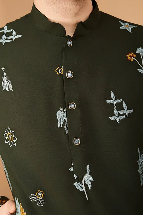 Olive Viscose Rayon Designer Men's Kurta For Festive