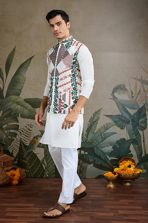 Beautiful White Viscose Silk Kurta Koti Set