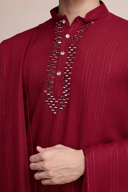 Maroon Color Kurta With Dupatta For Mens Wear