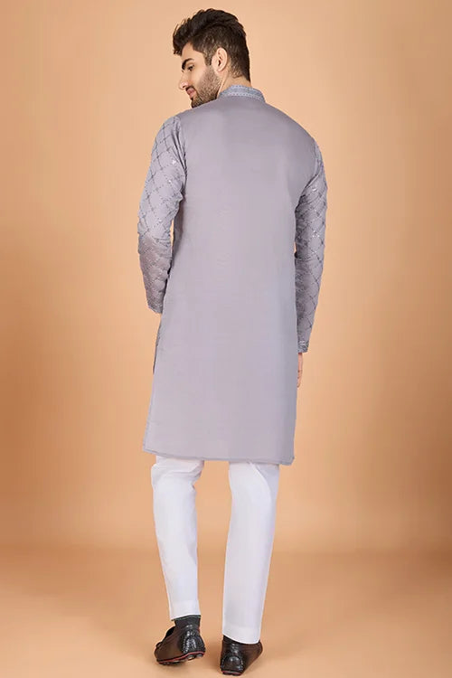 Designer Gray Silk Kurta For Men – Elegant Festive Wear