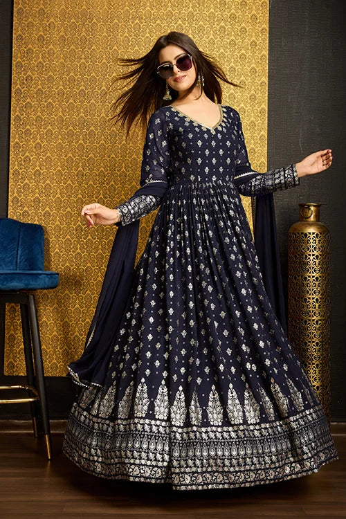 Attractive Navy Blue Foil Work Georgette Reception Wear Gown With Dupatta
