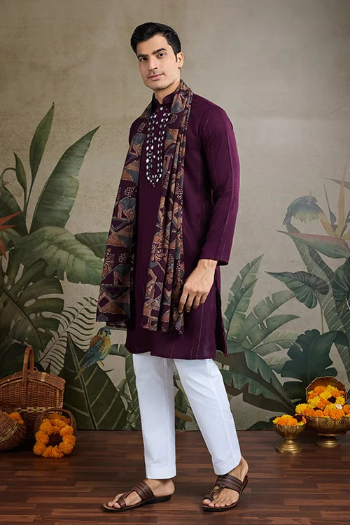 Purple Viscose Rayon Kurta With Jari & Mirror Work