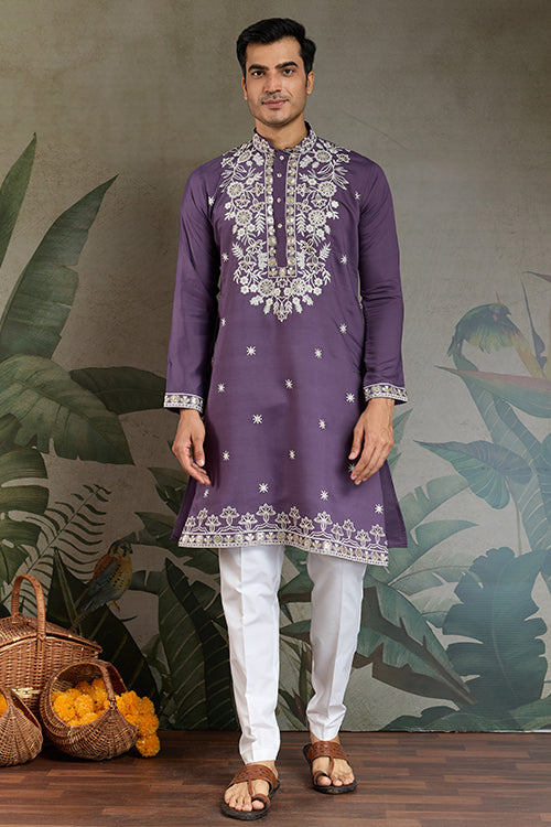 Pastel Purple Embroidered Viscose Silk Kurta Set