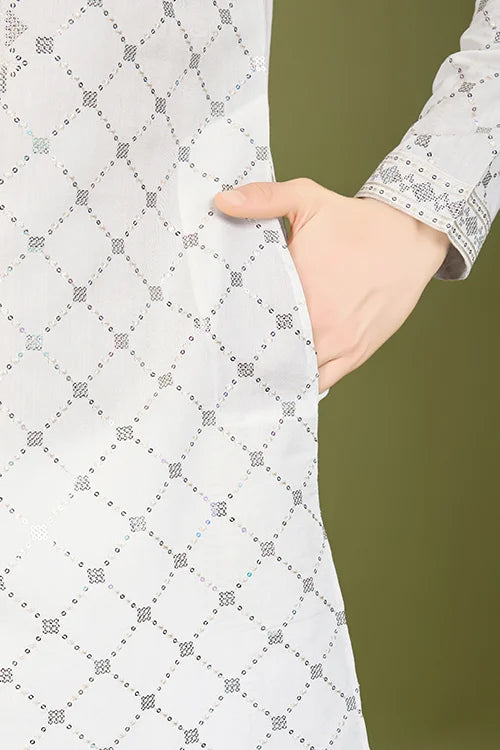 Designer White Viscose Silk Men's Kurta – Elegant Wedding Attire