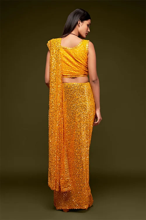 Attractive Honey Yellow Sequins Georgette Festive Wear Saree With Blouse