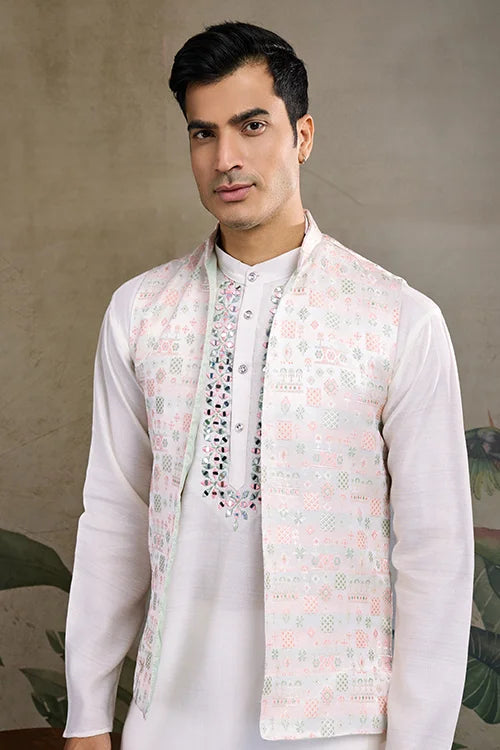 Designer White Kurta & Open Koti For Men
