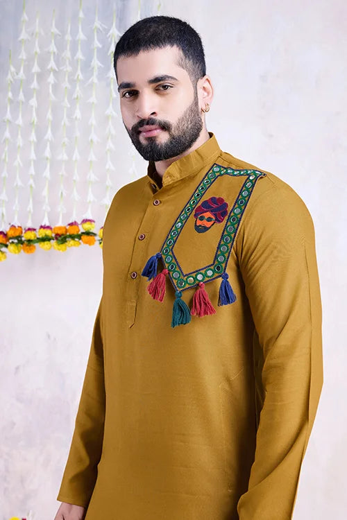 Beautiful Yellow Rayon Navratri Men's Kurta With Mirror Work