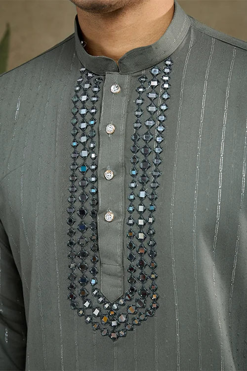 Silk Party Wear Rust Green Jari Work Kurta & Dupatta For Men's