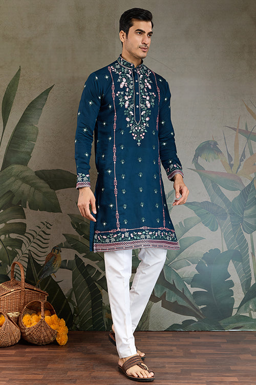 Wedding Special Teal Blue Embroidered Silk Kurta