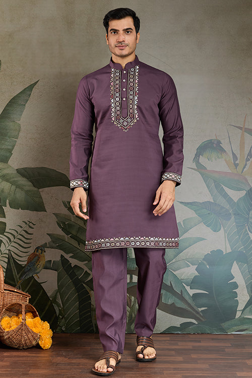 Traditional Rust Purple Kurta Pajama With Stylish Open Jacket