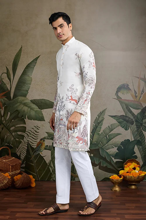 Premium White Viscose Silk Party Wear Kurta For Men