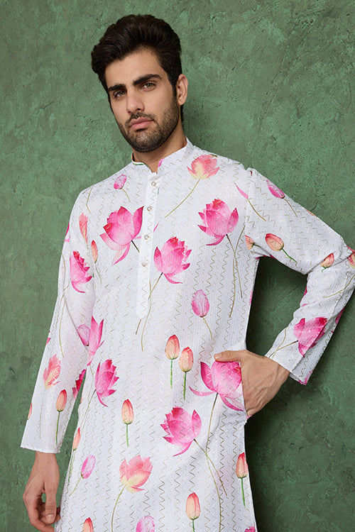 Buy Ethnic Style White & Pink Designer Kurta For Men